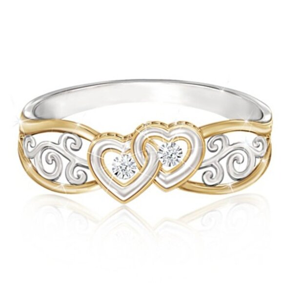 ✨ Lovely Double Heart Carved Flower Two Color Plated Rings for Women, PD697 - Picture 9 of 10